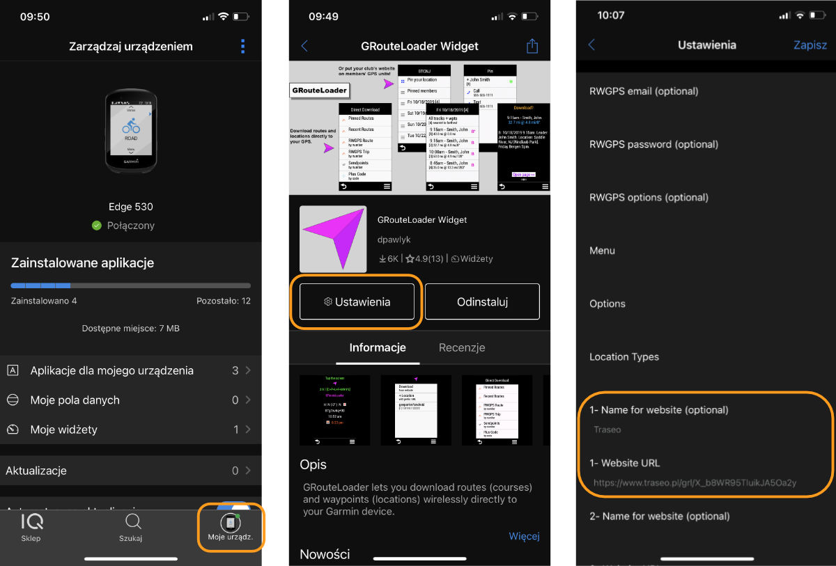 Ustawienie Garmin IQ aby wgrywać trasy podczas nawigacji